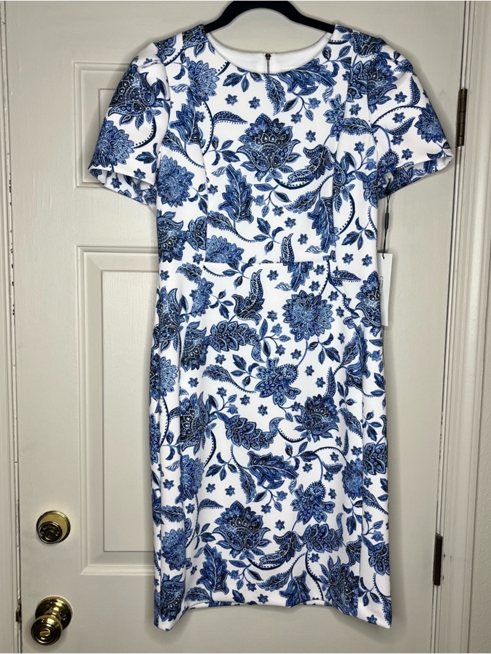 Calvin Klein White Shift Dress with Blue Floral Print